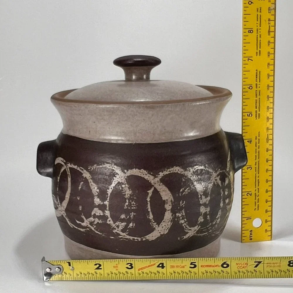 Vtg Studio Pottery Dish Pot Crock Stoneware Handles Lidded Earth Tones Rustic